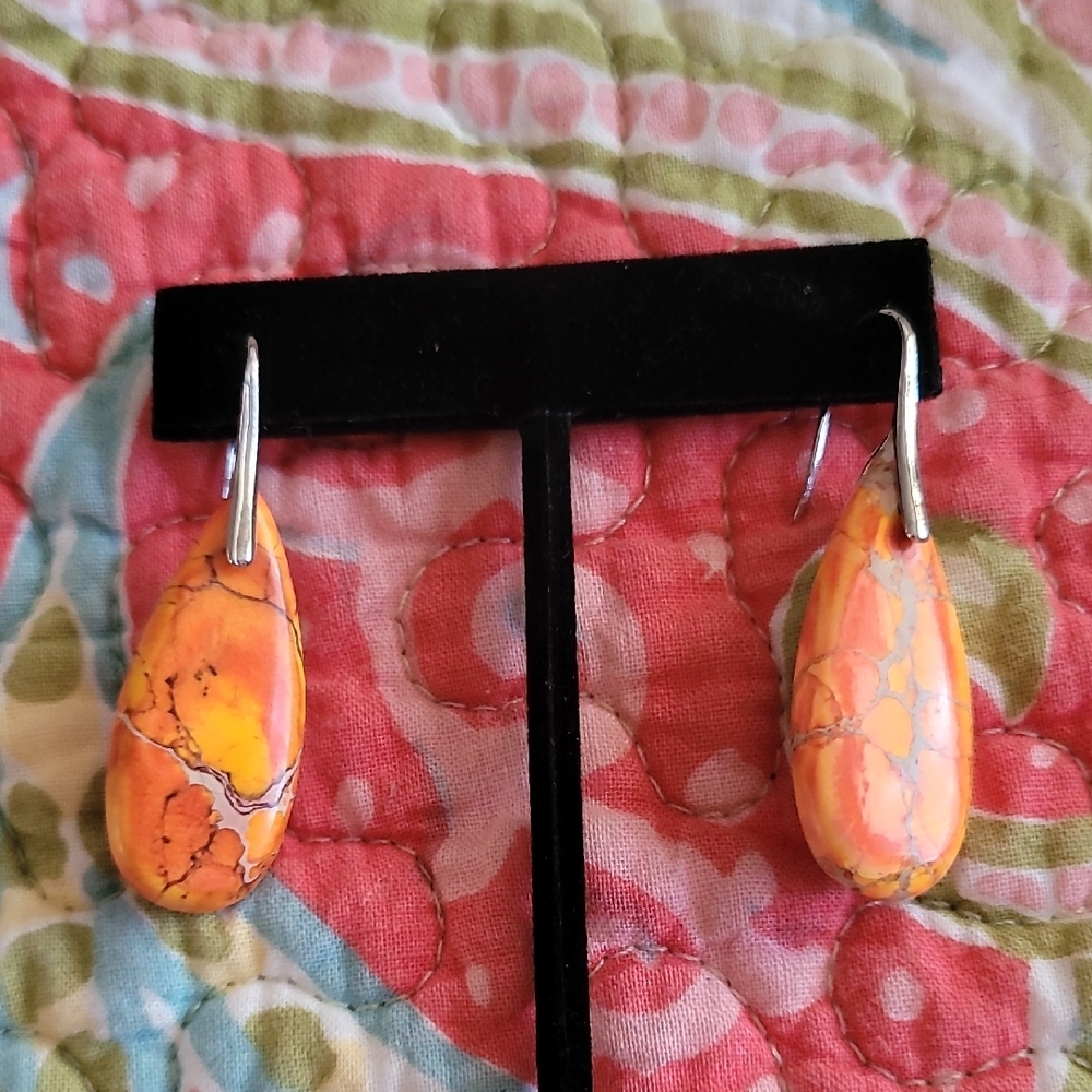 Orange & Silver Tone Teardrop Earrings